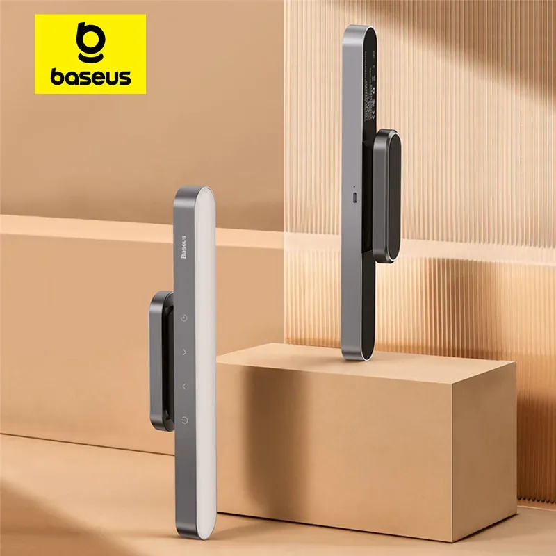 Two Baseus magnetic bar lights standing on a wooden block