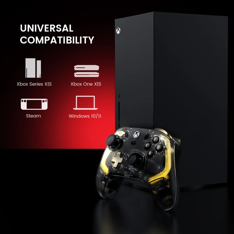 GameSir Kaleid Flux wired controller beside an Xbox console, with compatibility icons for Xbox, Steam and Windows