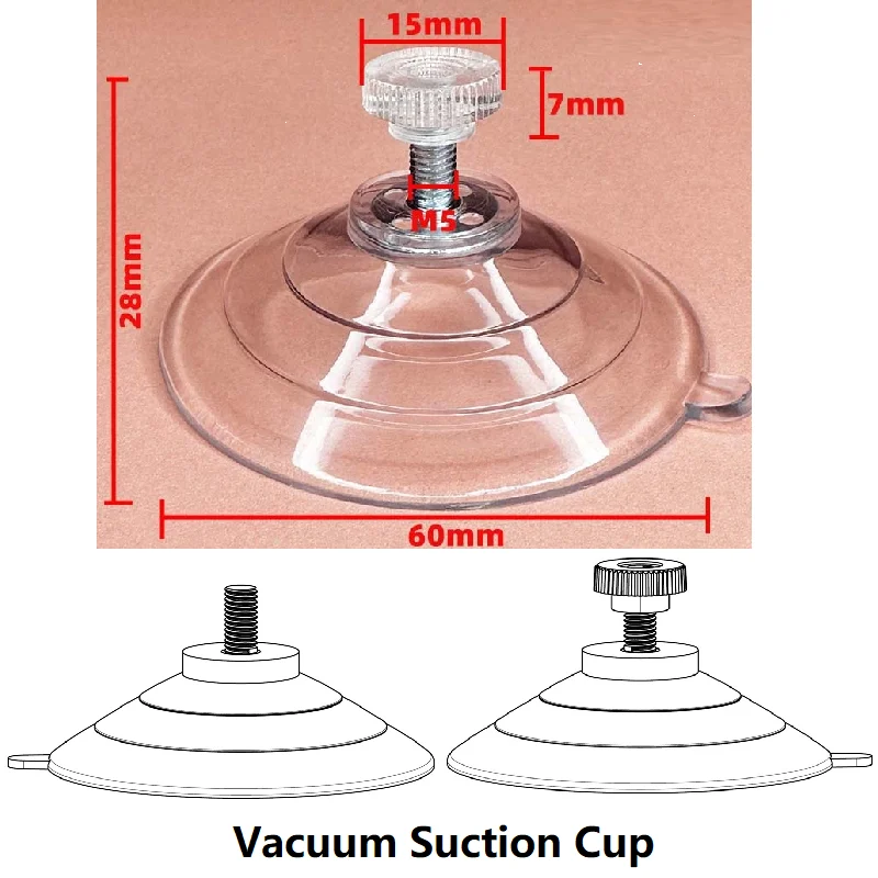 Clear suction cup with an M5 threaded fitting and removable screw nut