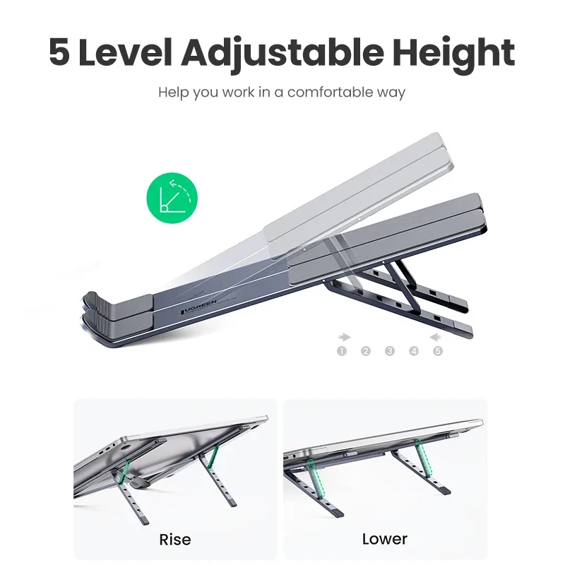 UGREEN foldable aluminium stand shown at five height levels