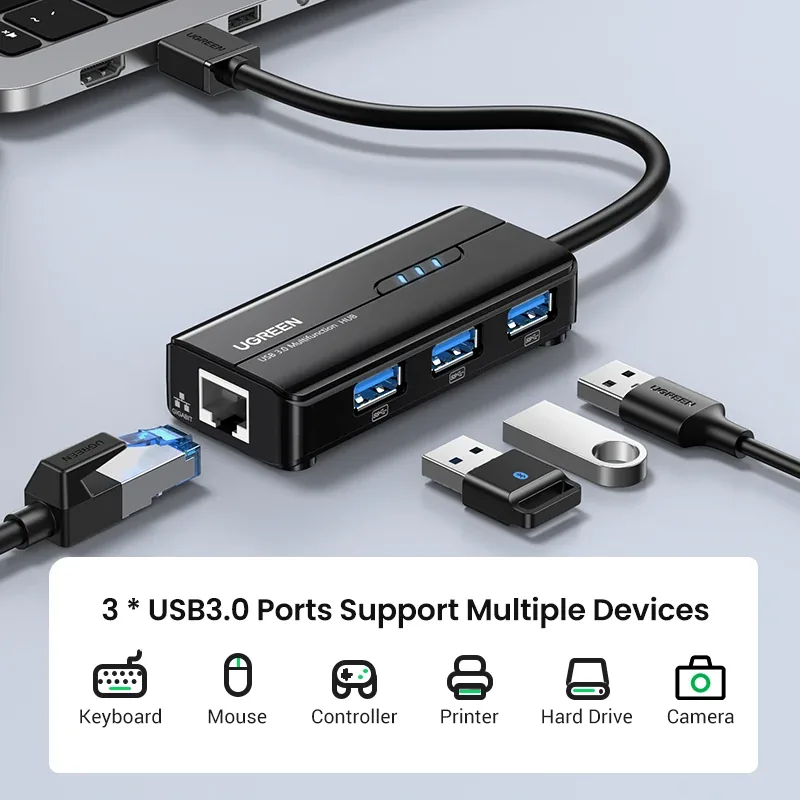 UGREEN black USB hub with three USB ports and an Ethernet port