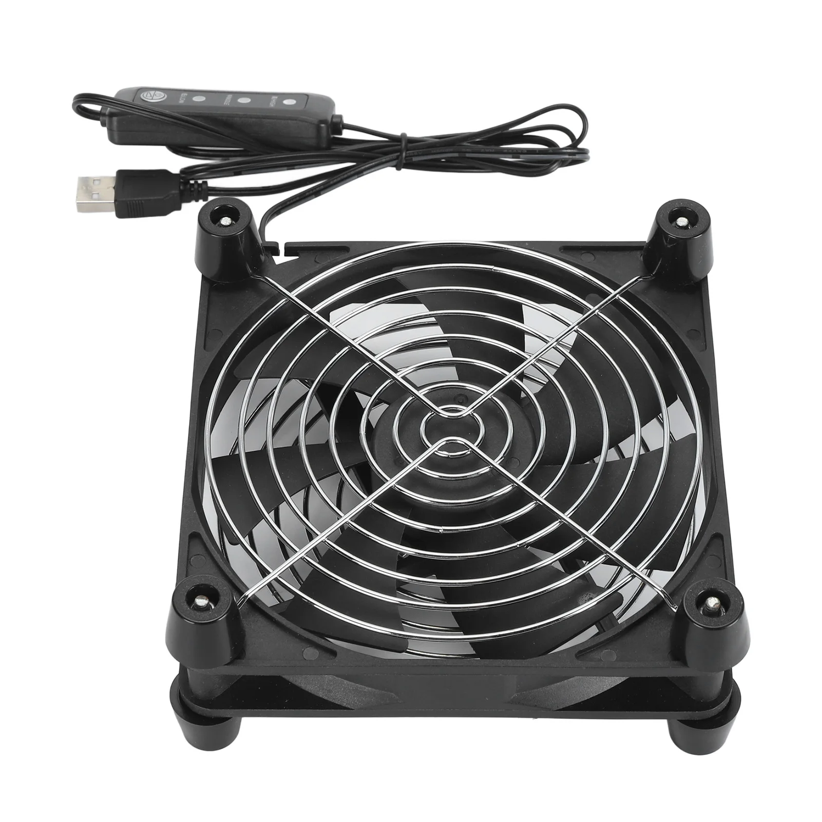 Black square USB cooling fan with protective grille, cable, USB plug, and inline speed controller